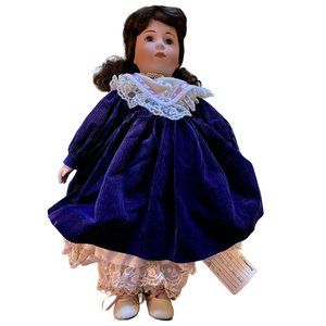 16 Inch Heirloom Treasure Happyland Brunette Porcelain Doll in Blue Dress Christ